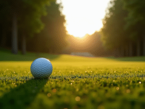 Balle de golf au soleil couchant sur le green, avec une lumière dorée filtrant à travers les arbres