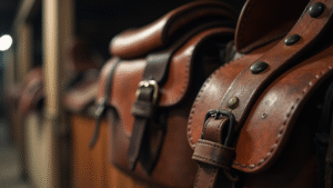Détail de selles en cuir ancien avec boucles métalliques, photographié en gros plan dans une écurie
