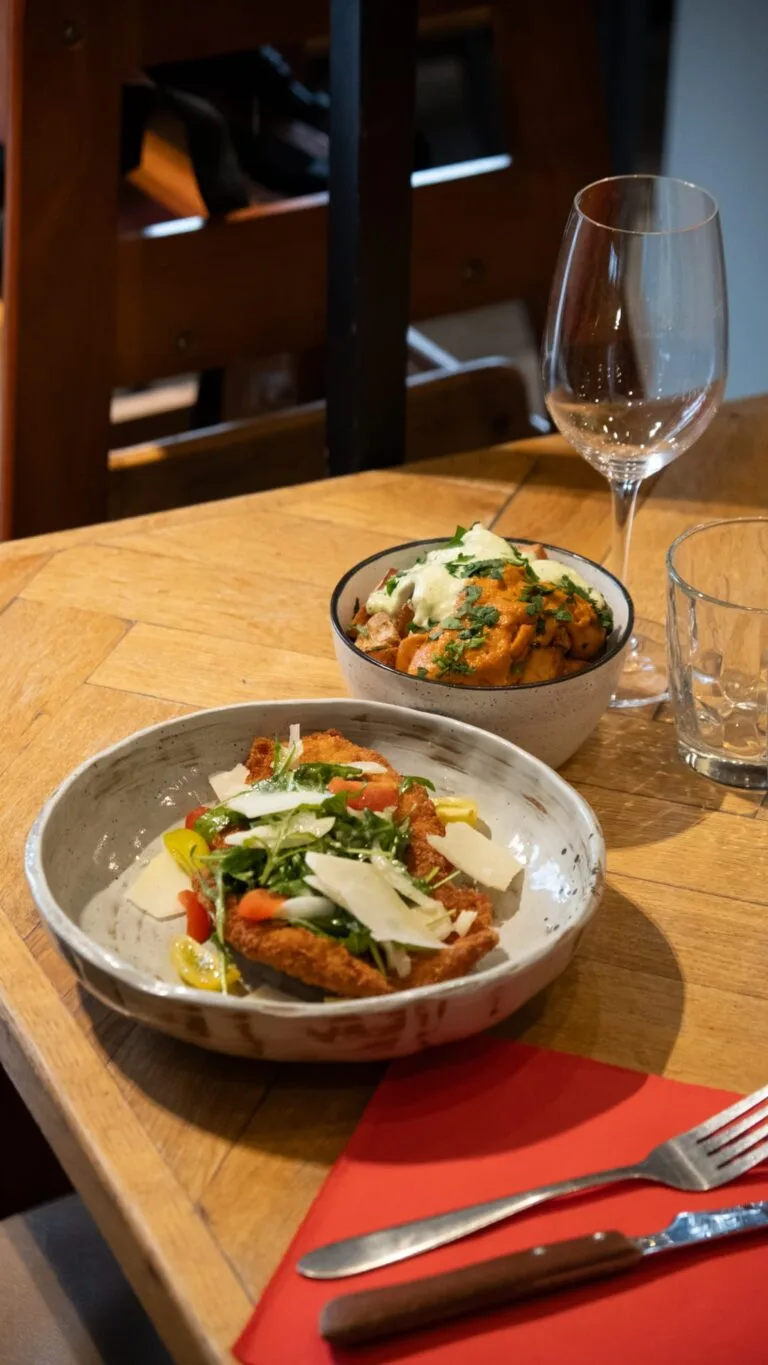 Breaded escalope with rocket and Parmesan, and a bowl of pasta at a restaurant