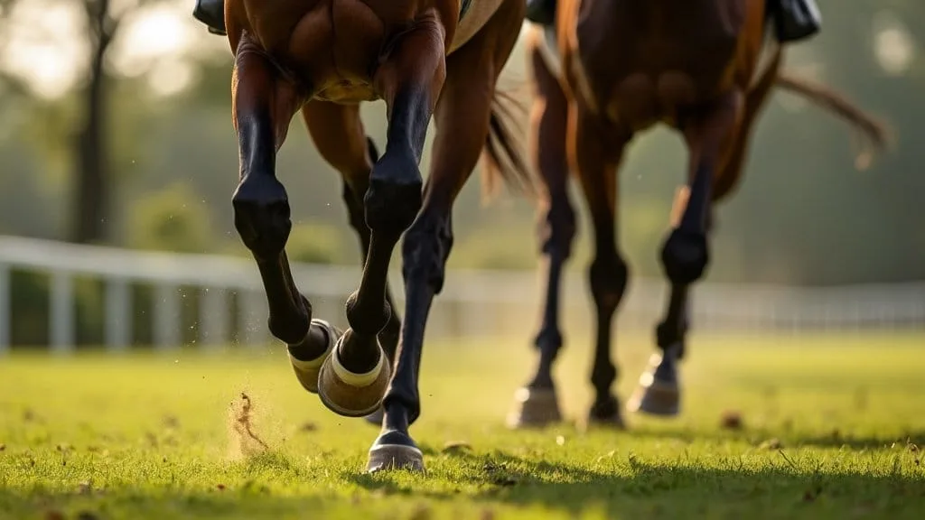 Horses’ hooves galloping across a green lawn