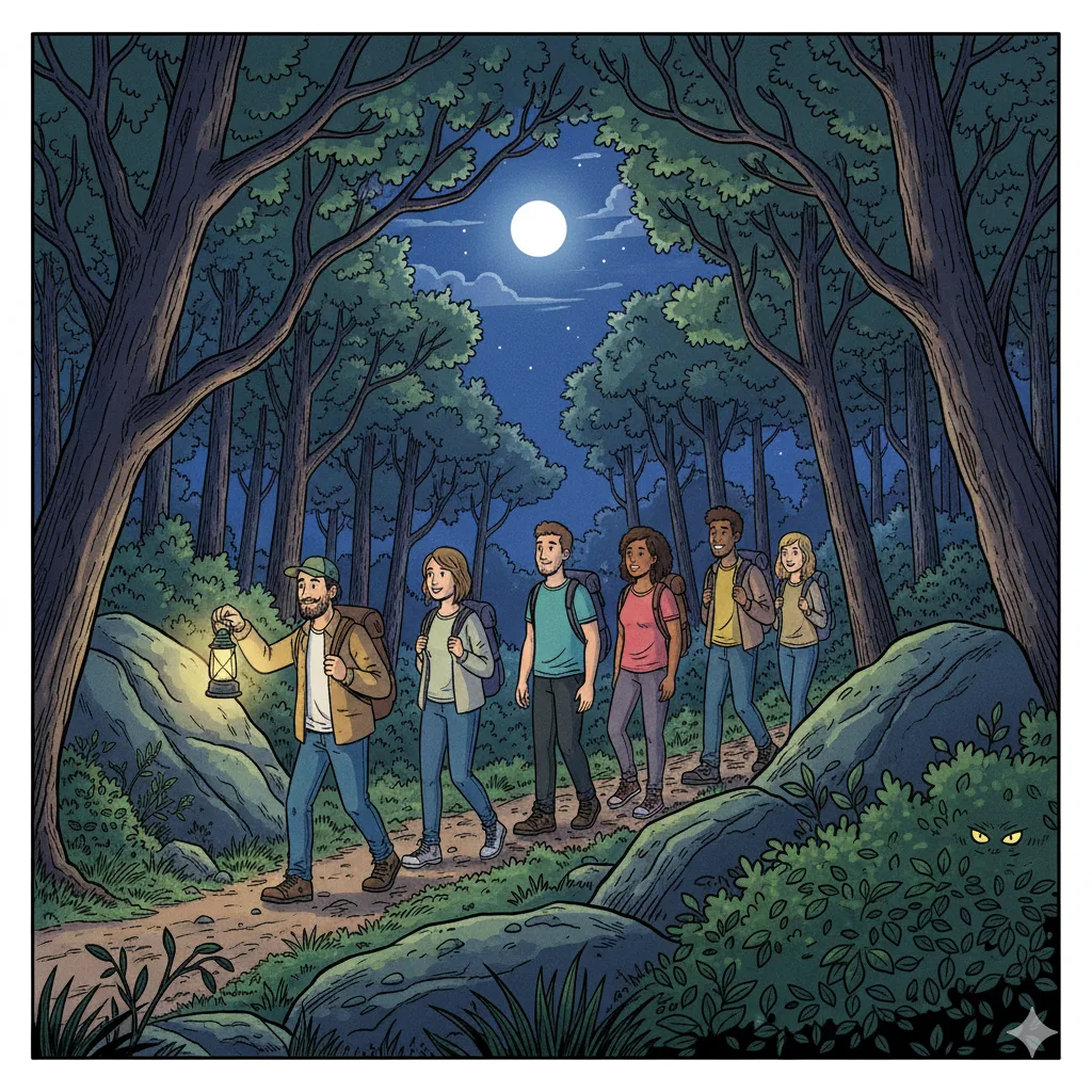 Promeneur avec lampe frontale sur un sentier en forêt de Fontainebleau lors d'une randonnée nocturne