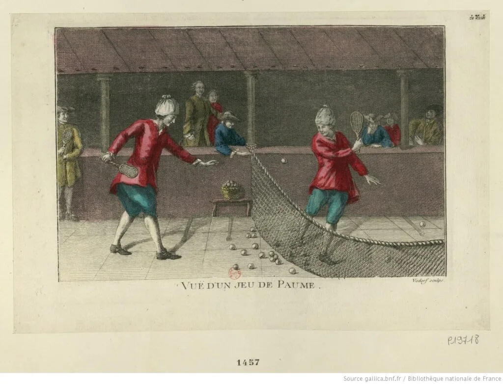Gravure ancienne représentant deux joueurs au jeu de paume