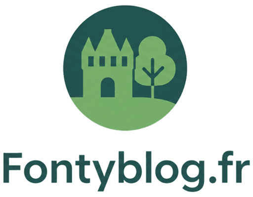 Logo Fontyblog.fr avec château et arbre stylisés en vert sur fond rond foncé