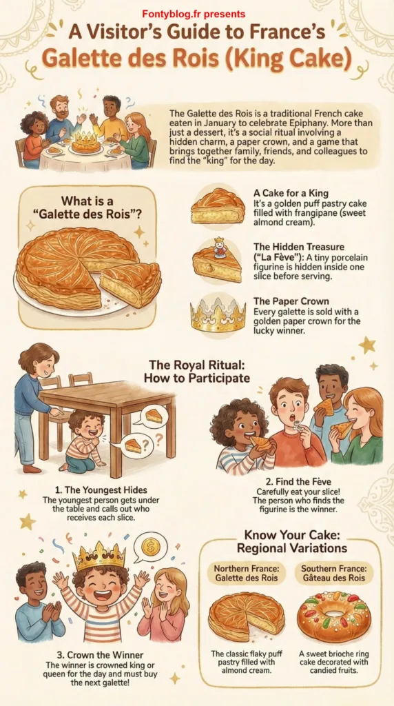 Illustrated infographic on the French tradition of the Galette des Rois