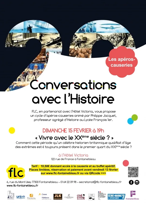FLC-Plakat Gespräche mit der Geschichte - Apérogespräch Sonntag, 15. Februar 19 Uhr im Hotel Victoria in Fontainebleau