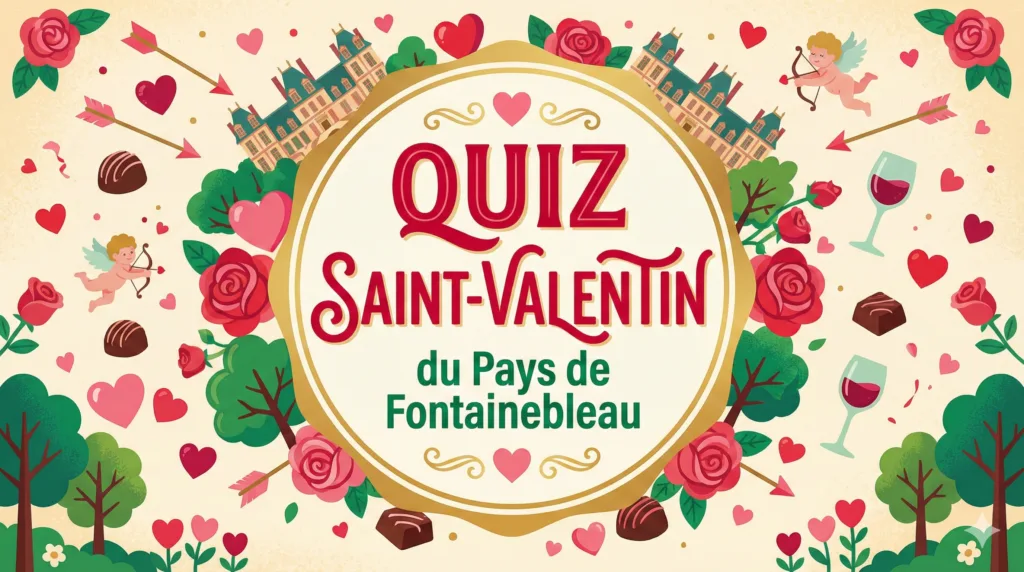 Affiche illustrée du Quiz Saint-Valentin du Pays de Fontainebleau avec roses, cœurs, chérubins et château