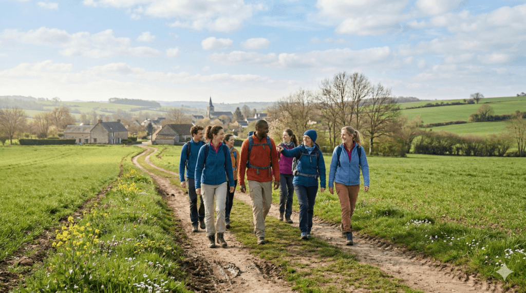 Groupe de six randonneurs sur un chemin de campagne avec un village en arrière-plan – Marcher en Seine-et-Marne