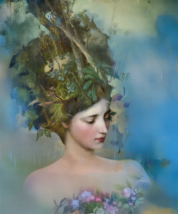 Digital artwork depicting a woman with a romantic profile and a headdress of lush vegetation, by Catrin Welz-Stein