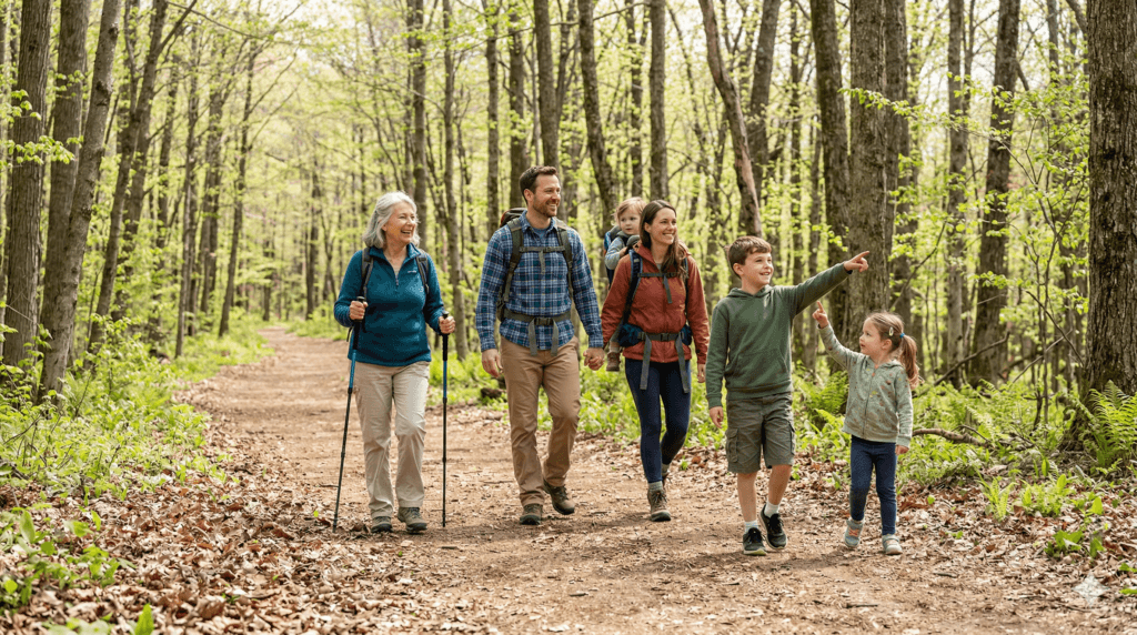 Famille joyeuse en randonnée dans une forêt printanière verdoyante – Parcours des 3 Châteaux en Seine-et-Marne