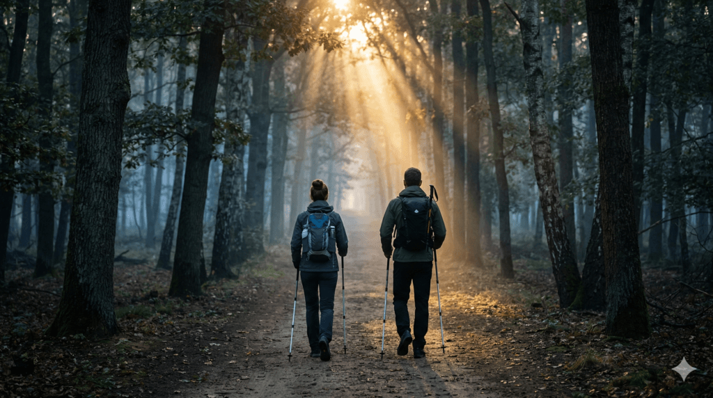 Deux randonneurs avec bâtons marchant dans une forêt brumeuse, rayons de lumière filtrant à travers les arbres – Section 42 km