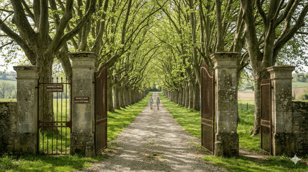 Allée de platanes en fleurs avec portail en fer forgé, sentier privé le long du parcours de la Rando des 3 Châteaux