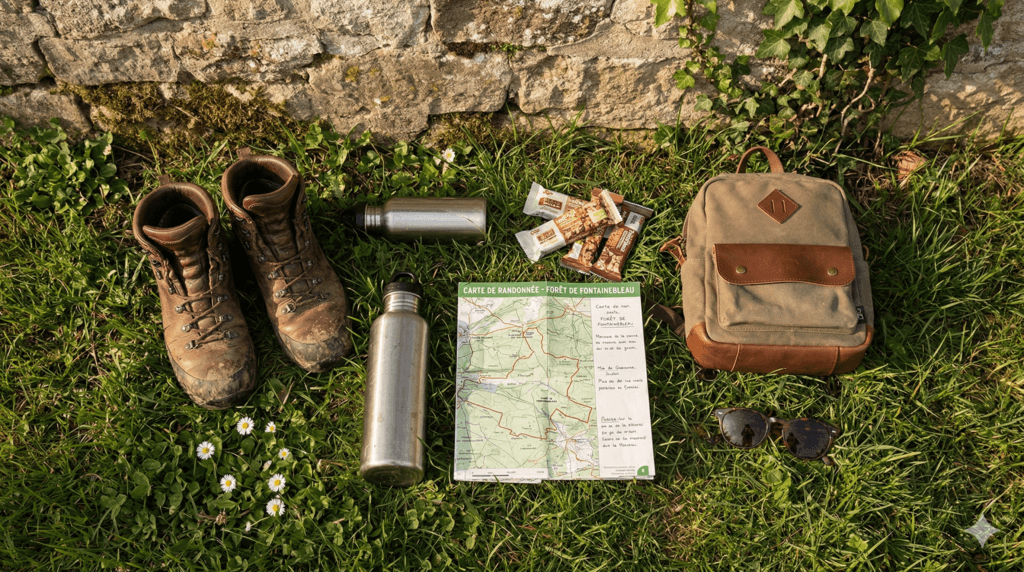 Équipement du randonneur posé sur l'herbe : chaussures de marche, gourdes, carte de la forêt de Fontainebleau et sac à dos