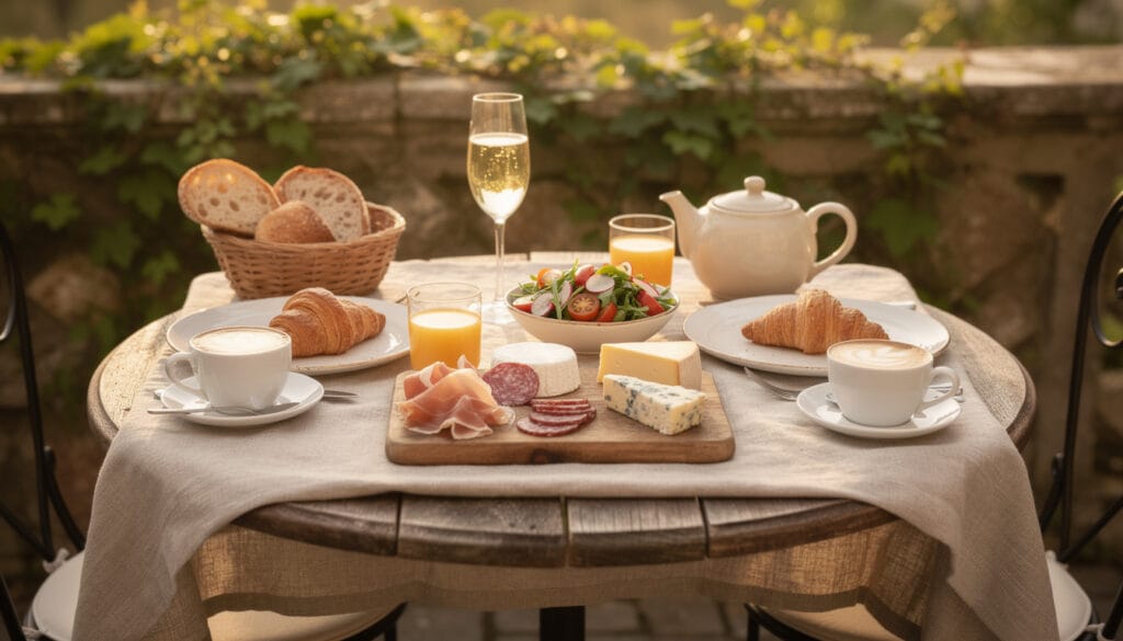 Table de brunch garnie avec croissants, fromages, café et jus de fruits en lumière dorée