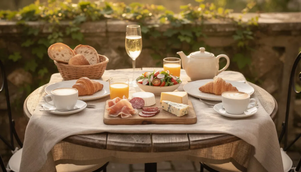 Table de brunch garnie avec croissants, fromages, café et jus de fruits en lumière dorée