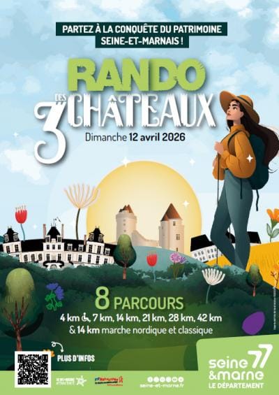 Affiche de la Rando des 3 Châteaux, dimanche 12 avril 2026, 8 parcours de 4 à 42 km en Seine-et-Marne