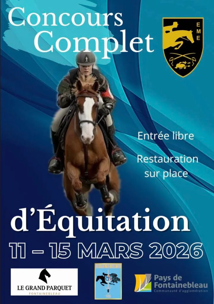 Poster for the Concours Complet d'Équitation at the Grand Parquet de Fontainebleau, 11-15 March 2026, free admission