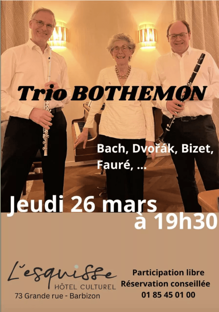 Trio Bothemon in concert at L'Esquisse Barbizon, three chamber musicians playing Bach, Dvořák, Bizet and Fauré