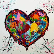 Abstract painting of a heart in bright red, yellow and blue, expressionist style