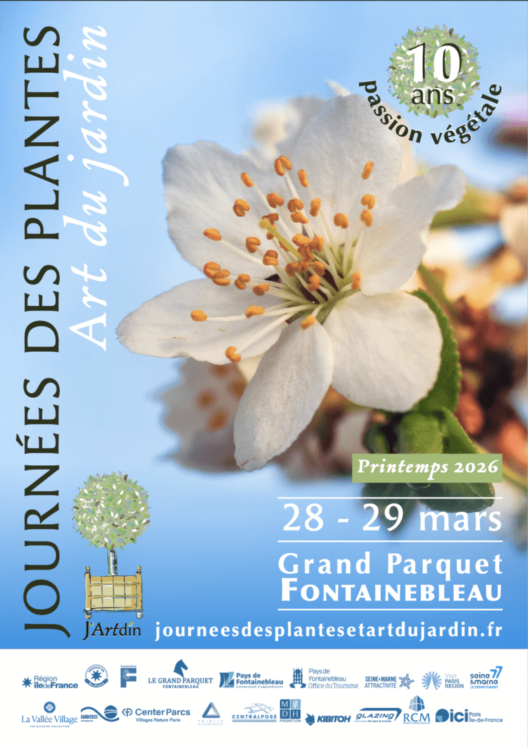 Plakat der Journées des Plantes Art du Jardin, 28-29 März 2026 im Grand Parquet de Fontainebleau, 10 Jahre pflanzliche Leidenschaft
