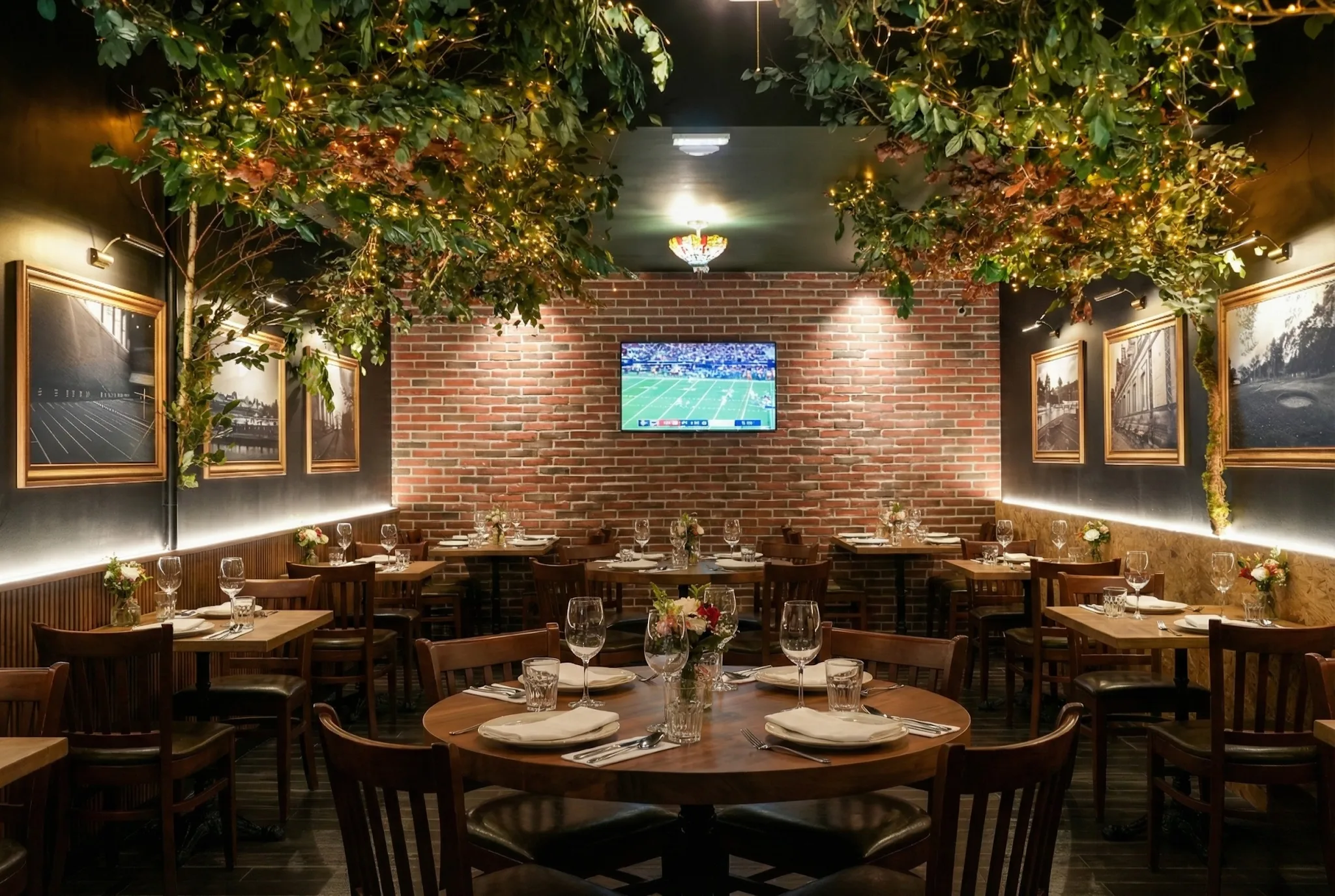 Salle de restaurant L'Office avec murs en briques, arbres guirlandes, cadres photos et tables dressées