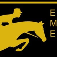 École Militaire d'Équitation logo, rider and horse in gold silhouette on black background