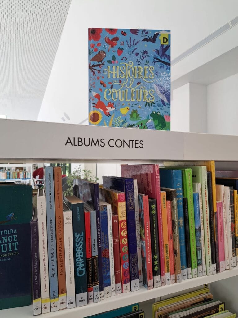 Storybooks section of the Les Sources Vives multimedia library in Avon, featuring the book Histoires au fil des Couleurs.