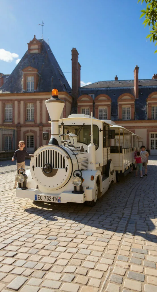 Le Petit Train blanc du Château de Fontainebleau prêt au départ dans la cour pavée avec des familles