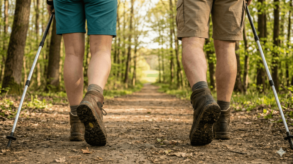 Deux randonneurs vus de dos avec bâtons de marche nordique sur sentier forestier, Rando des 3 Châteaux 2026
