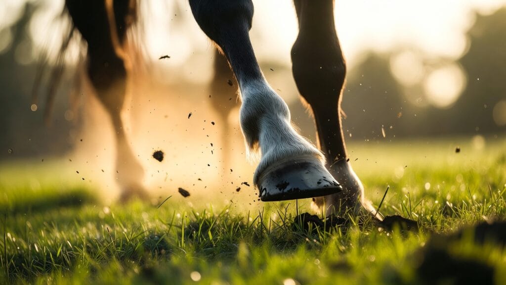 Sabots de cheval au galop sur l'herbe verte