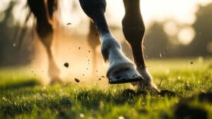 Sabots de cheval au galop sur l'herbe verte