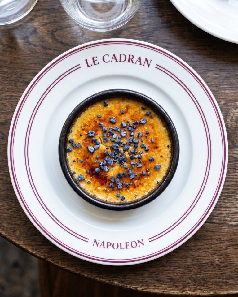 Crème brûlée garnie d'éclats de chocolat noir au Cadran Napoléon