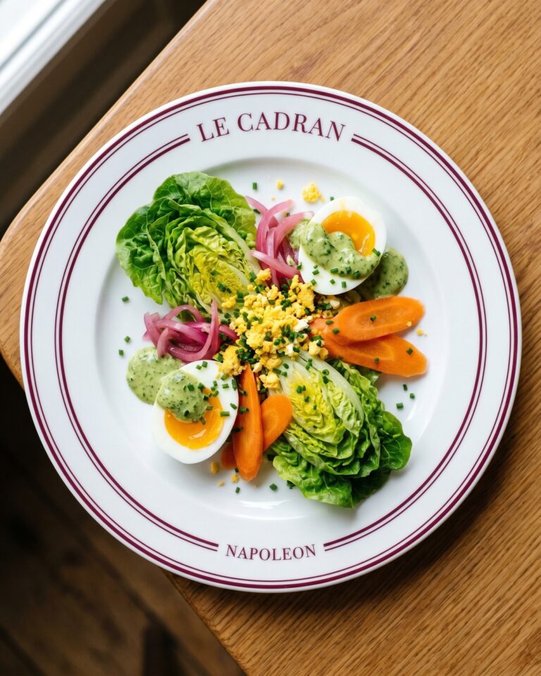 Salade fraîche avec œufs mollets sur assiette Le Cadran Napoléon