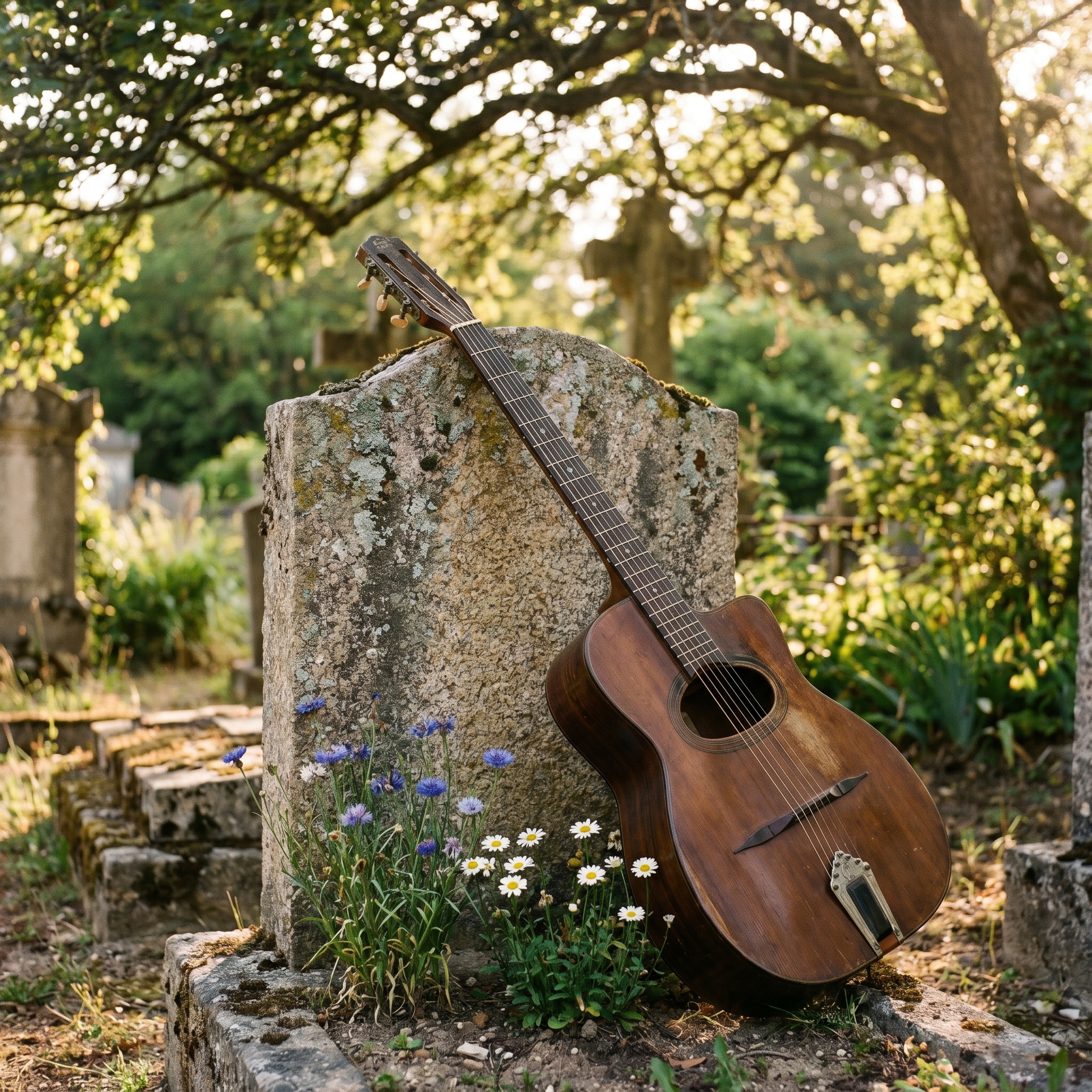 Guitare manouche posée contre une stèle, hommage au pèlerinage du jazz à Samois