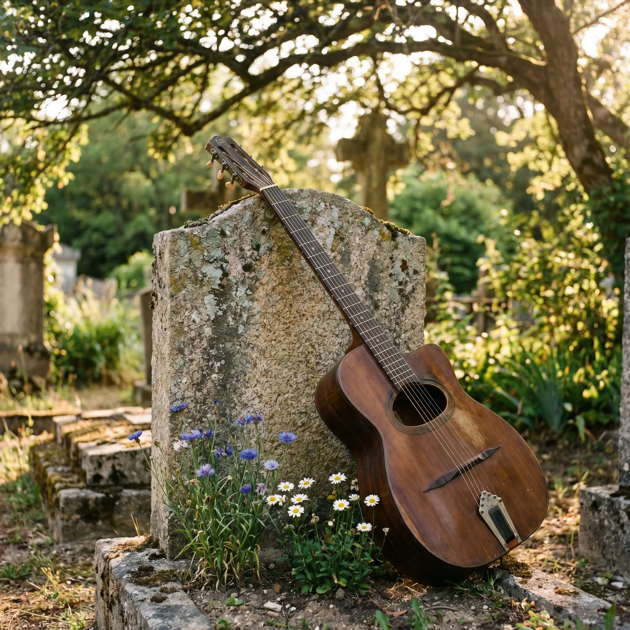 Gypsy-Gitarre gegen eine Stele gelegt, Hommage an die Jazz-Pilgerfahrt in Samois
