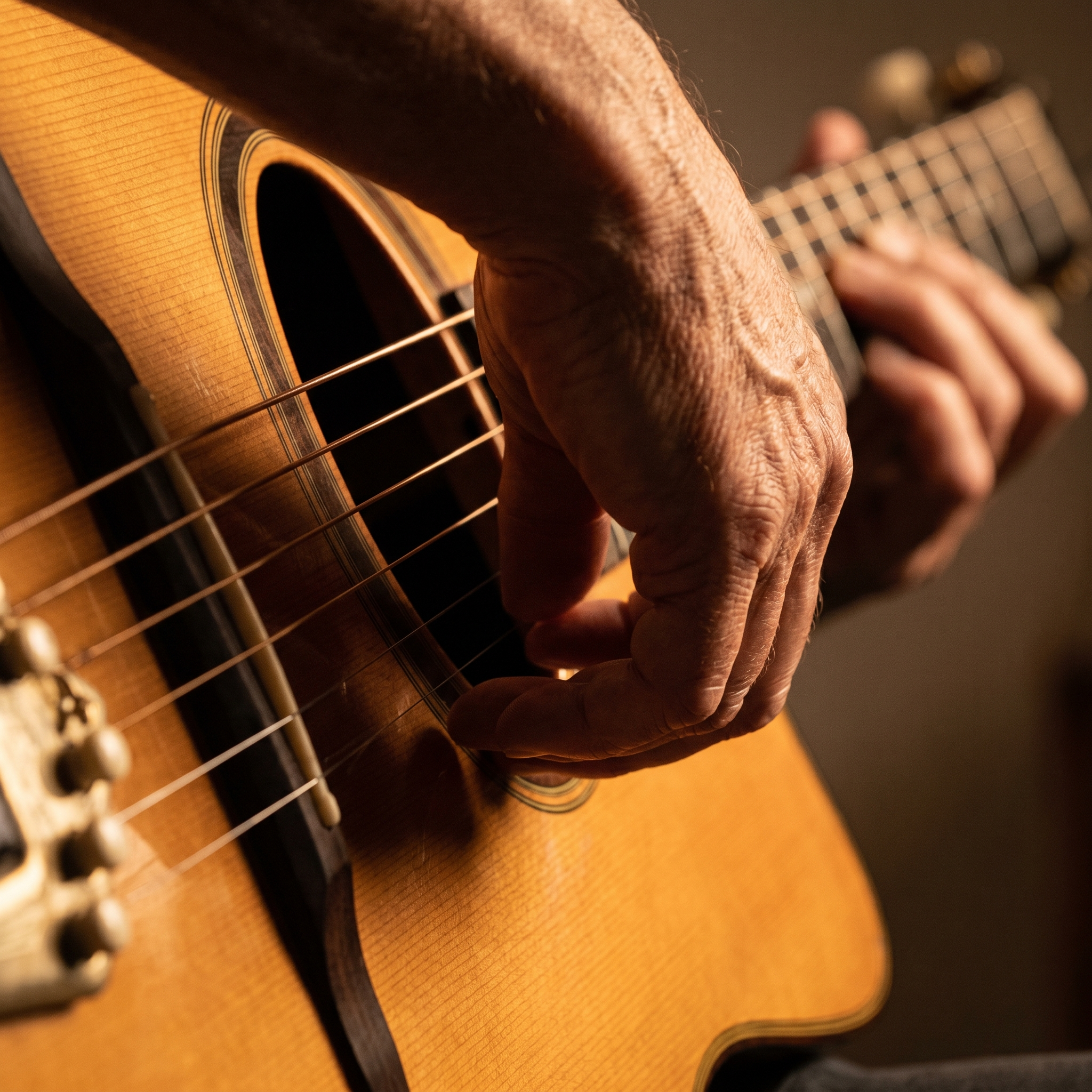 Détail d'une main jouant la pompe manouche sur une guitare Selmer-Maccaferri