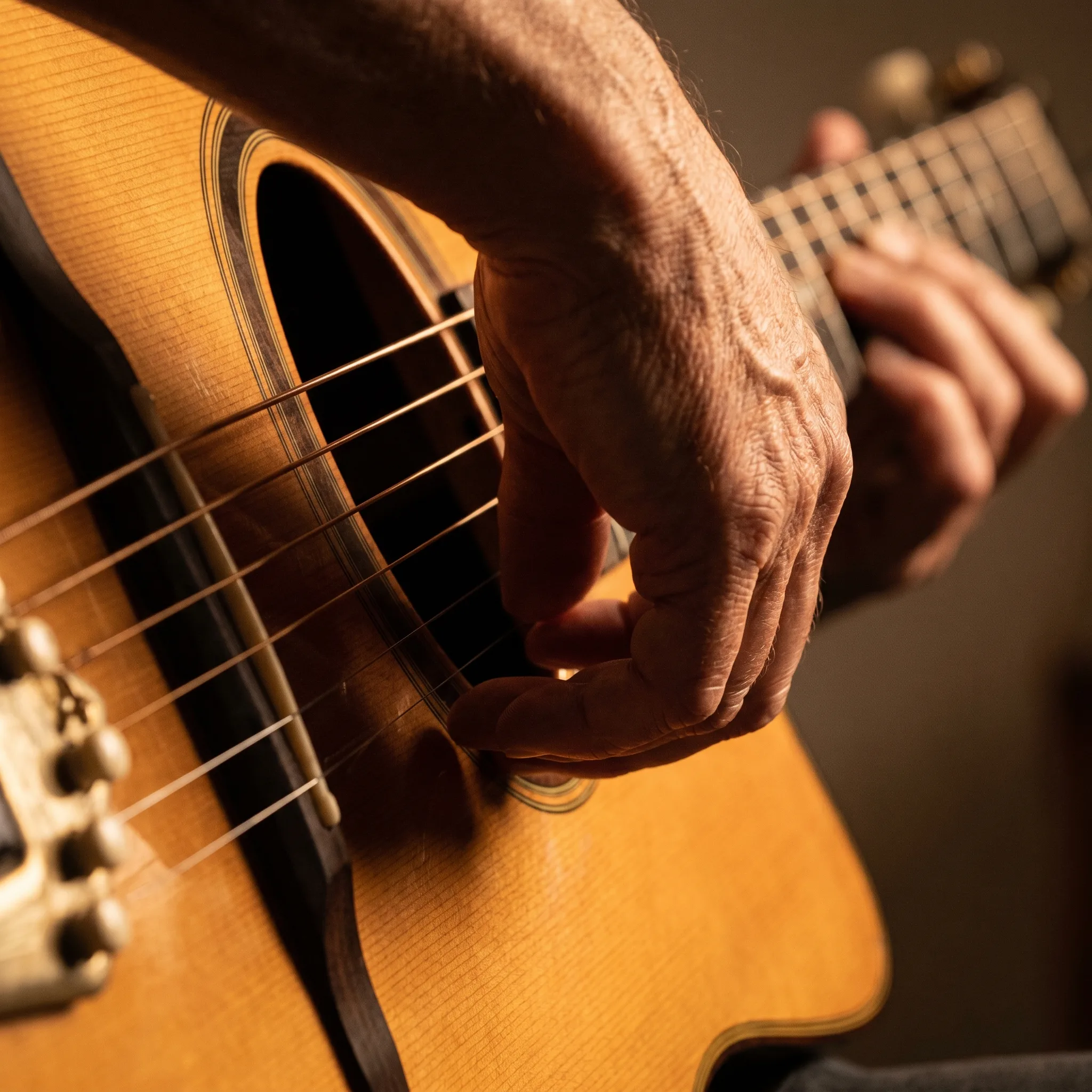 Detail einer Hand, die den Gypsy-Pump auf einer Selmer-Maccaferri-Gitarre spielt.