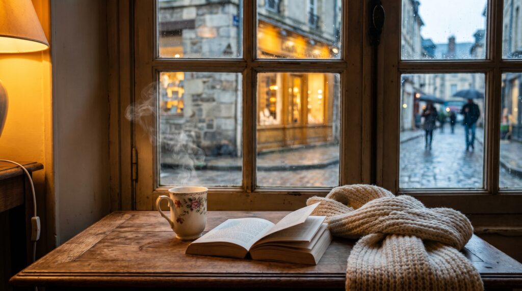 Vue depuis l'intérieur d'un café bellifontain par un jour de pluie : tasse de thé fumante, livre ouvert, plaid en laine, et au-delà de la fenêtre à petits carreaux, une rue pavée de Fontainebleau sous la pluie avec ses devantures illuminées.