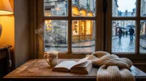 Vue depuis l'intérieur d'un café bellifontain par un jour de pluie : tasse de thé fumante, livre ouvert, plaid en laine, et au-delà de la fenêtre à petits carreaux, une rue pavée de Fontainebleau sous la pluie avec ses devantures illuminées.