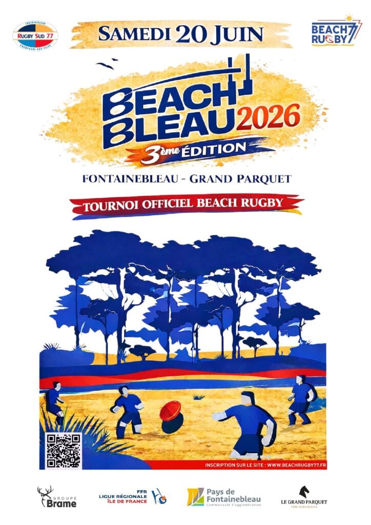 Affiche Beach Bleau 2026, tournoi de beach rugby au Grand Parquet de Fontainebleau, 20 juin