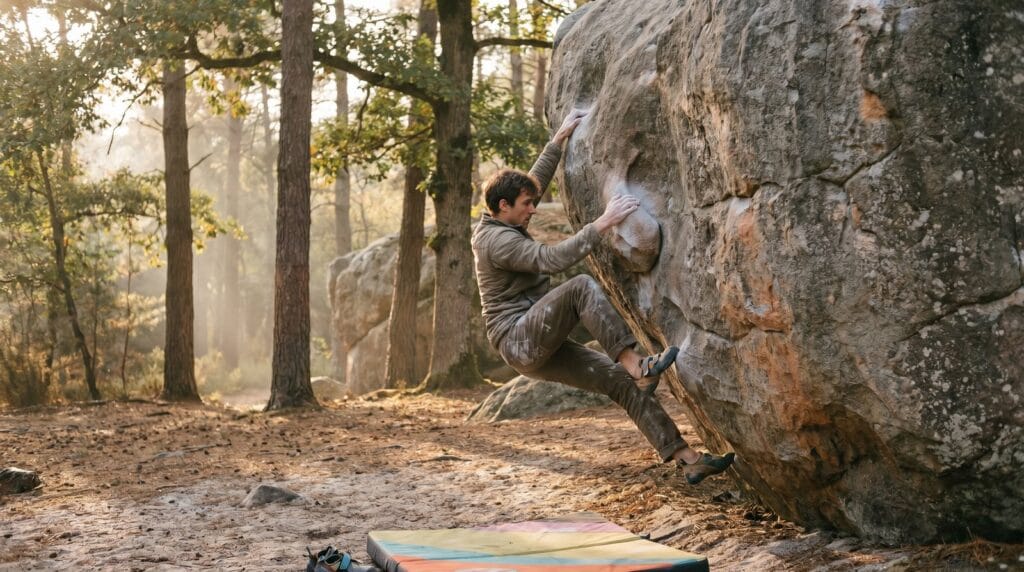 Grimpeur sur un bloc de grès en forêt de Fontainebleau