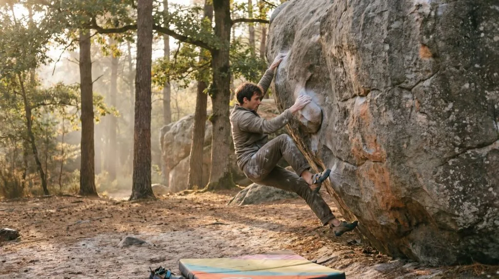 Grimpeur sur un bloc de grès en forêt de Fontainebleau