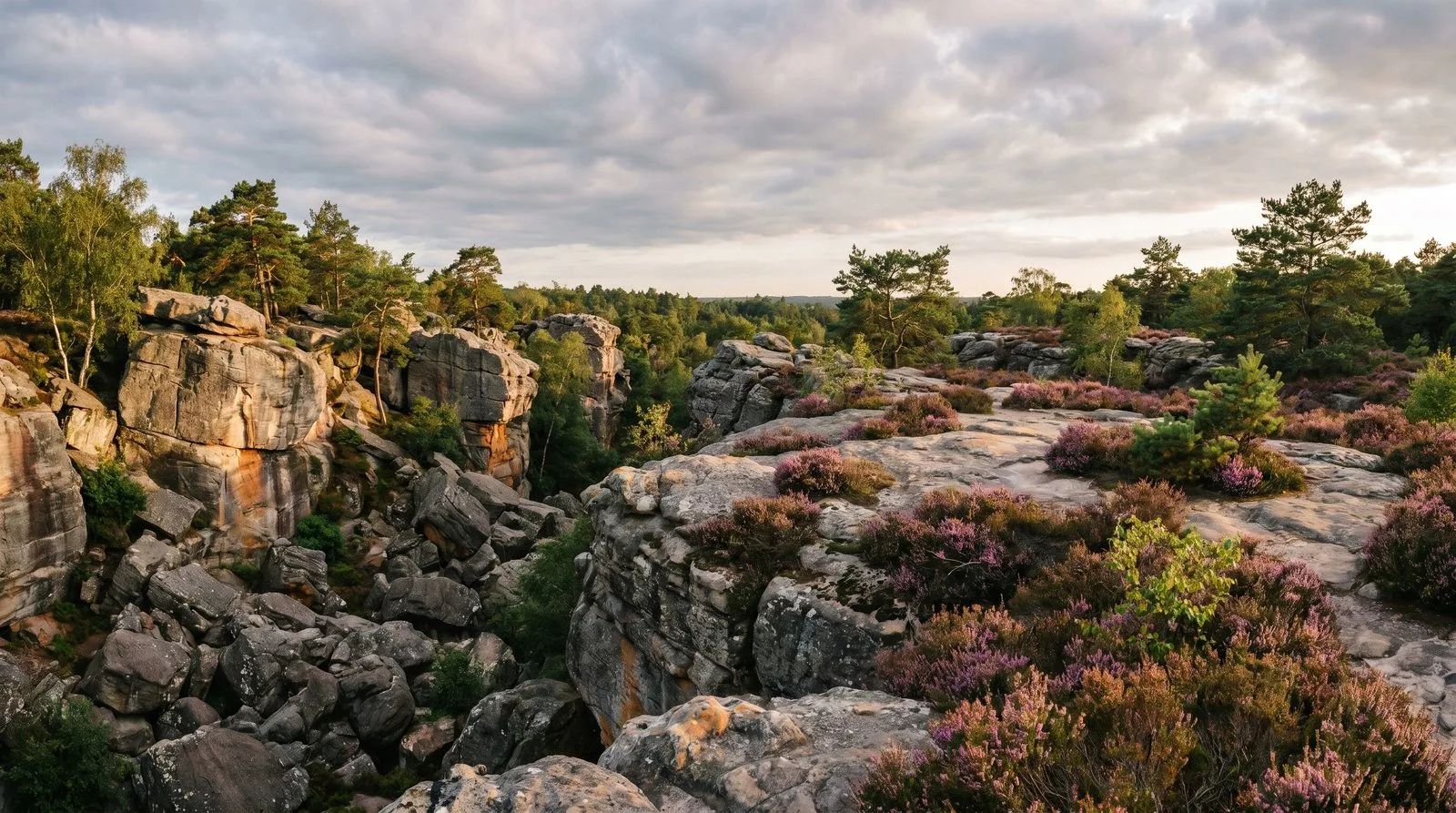 Gorges et platieres de la foret de Fontainebleau au coucher du soleil