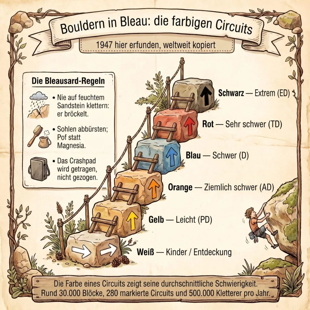 Infografik: Die Farbkreisläufe des Boulderns in Fontainebleau