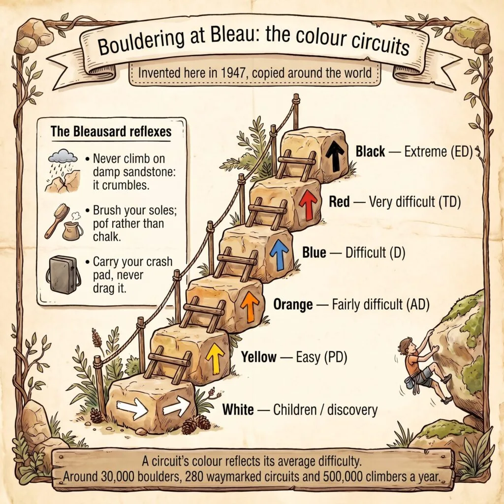 Computer graphics: bouldering colour circuits in Fontainebleau