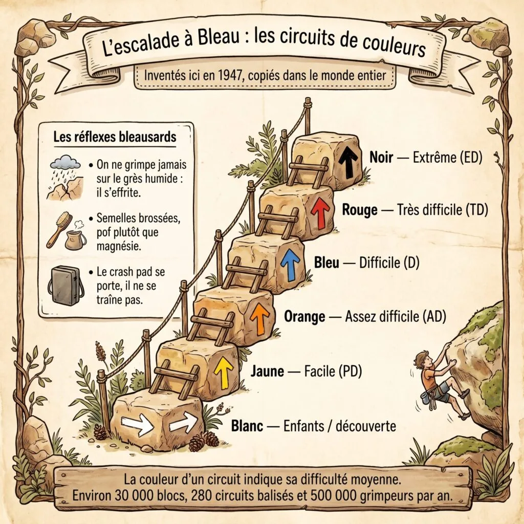 Infographie : les circuits de couleurs de l'escalade de bloc à Fontainebleau