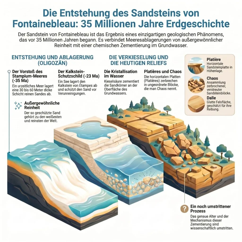 Infografik: Die Entstehung des Sandsteins von Fontainebleau in 35 Millionen Jahren