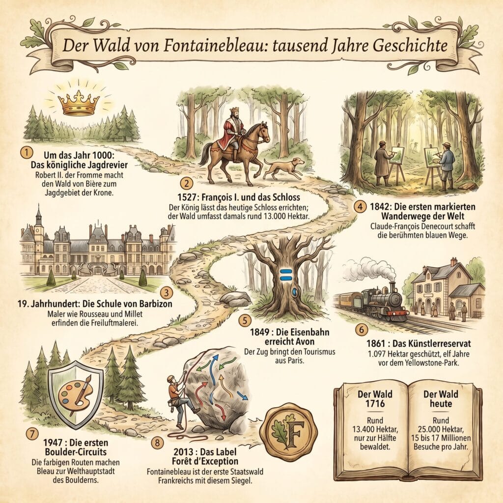 Infografik: Tausend Jahre Geschichte des Waldes von Fontainebleau, vom königlichen Wald zum Label Forêt d'Exception