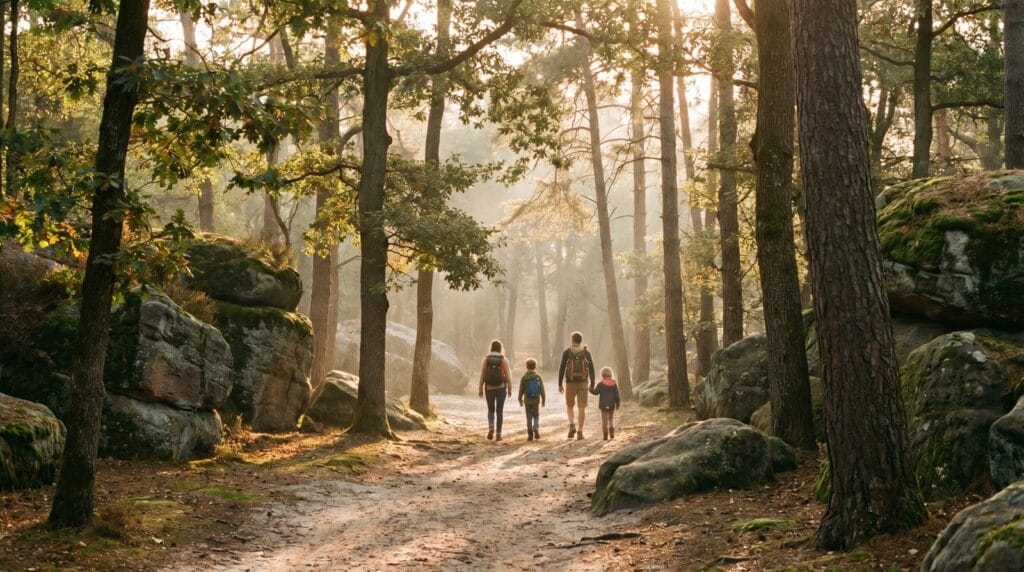 Famille en balade sur un chemin de la foret de Fontainebleau