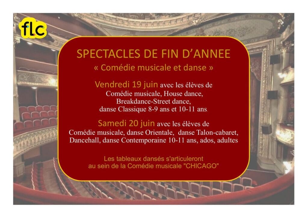 Affiche des spectacles de fin d'année de la FLC, comédie musicale et danse, au Théâtre de Fontainebleau les 19 et 20 juin 2026