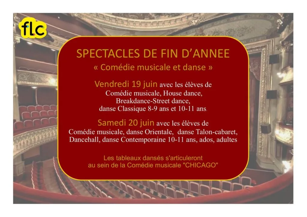 Affiche des spectacles de fin d'année de la FLC, comédie musicale et danse, au Théâtre de Fontainebleau les 19 et 20 juin 2026